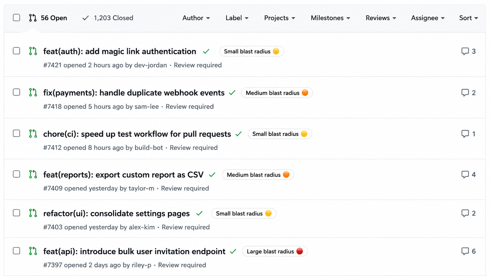 Pull request list showing a blast radius label next to each pull request title