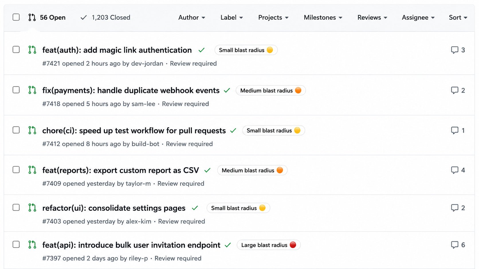 Pull request list showing a blast radius label next to each pull request title