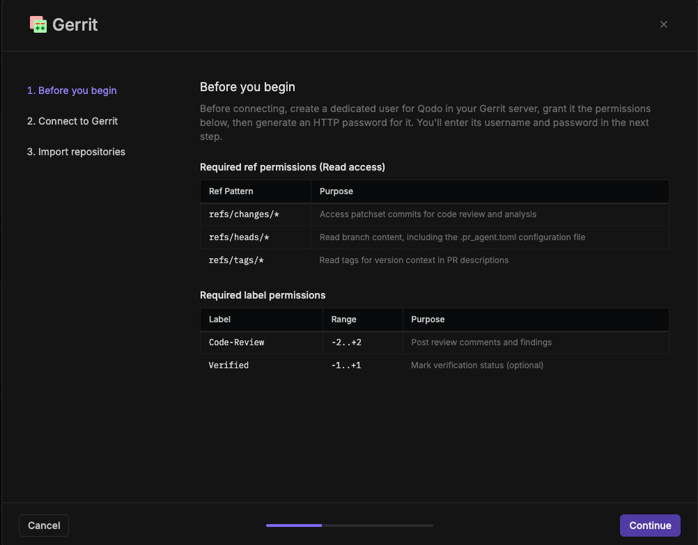 Gerrit wizard step 1, Create a Qodo user, showing required ref and label permission tables