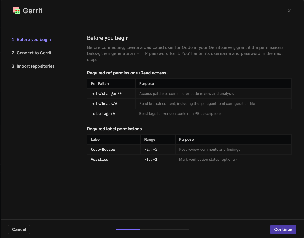 Gerrit wizard step 1, Create a Qodo user, showing required ref and label permission tables