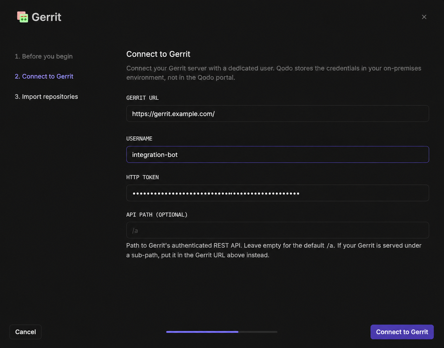 Gerrit wizard step 2, Connect to Gerrit, showing Gerrit URL, username, HTTP token, and API path fields