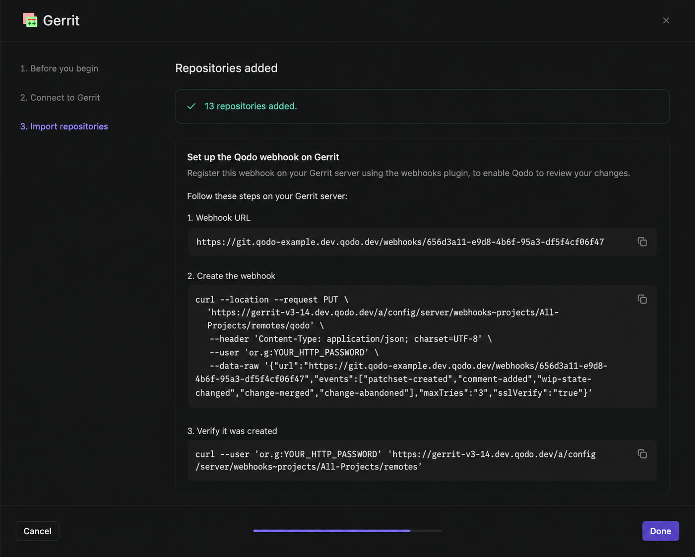 Gerrit wizard step 3, Import repositories, showing the repositories-added confirmation and webhook setup commands