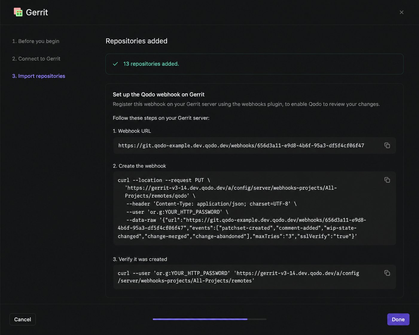 Gerrit wizard step 3, Import repositories, showing the repositories-added confirmation and webhook setup commands