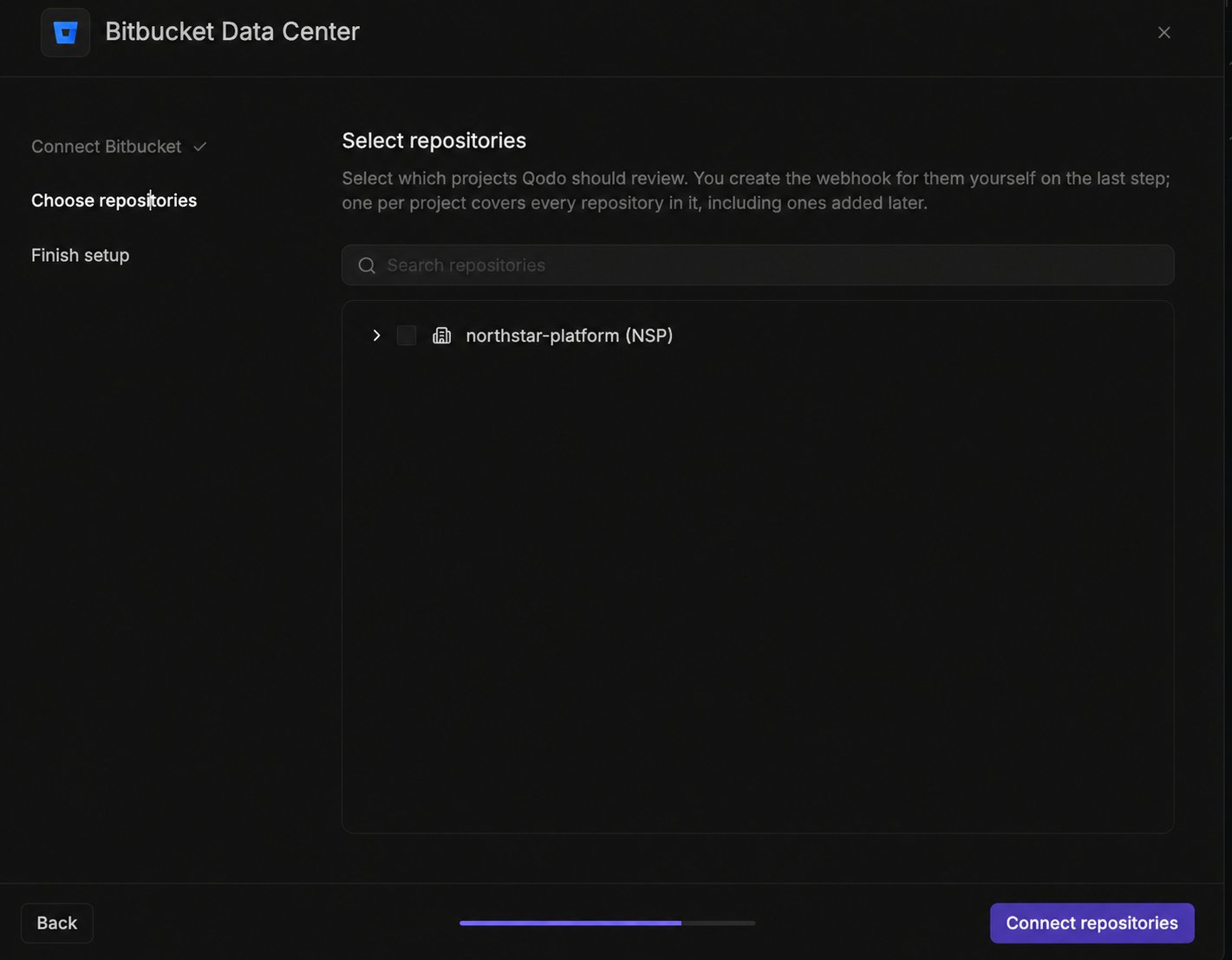 Bitbucket Data Center installation wizard showing the Choose repositories step, with the search bar and a list of projects to choose from