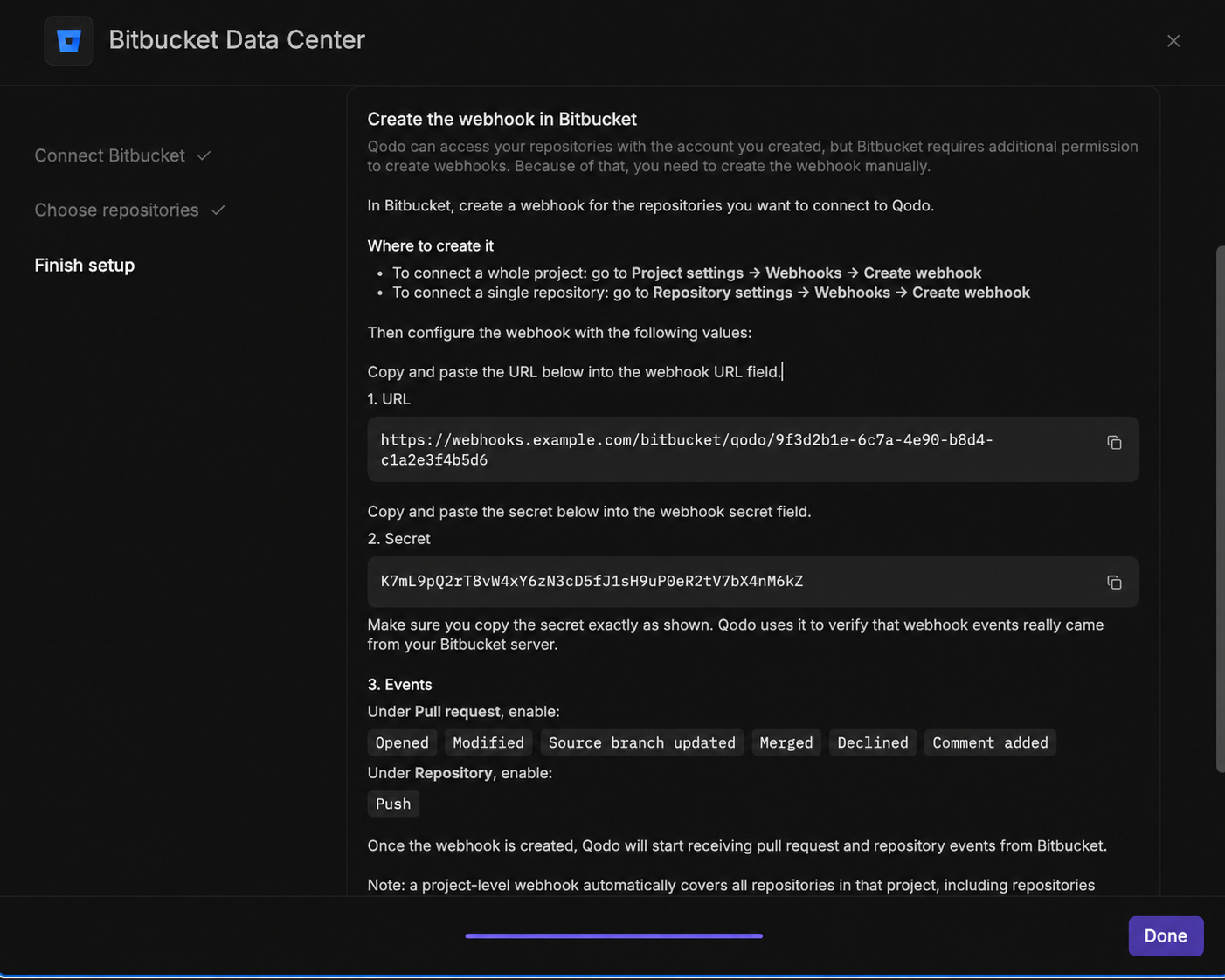 Bitbucket Data Center installation wizard showing the Finish setup step, with the webhook URL, secret, and the pull request and repository events to enable