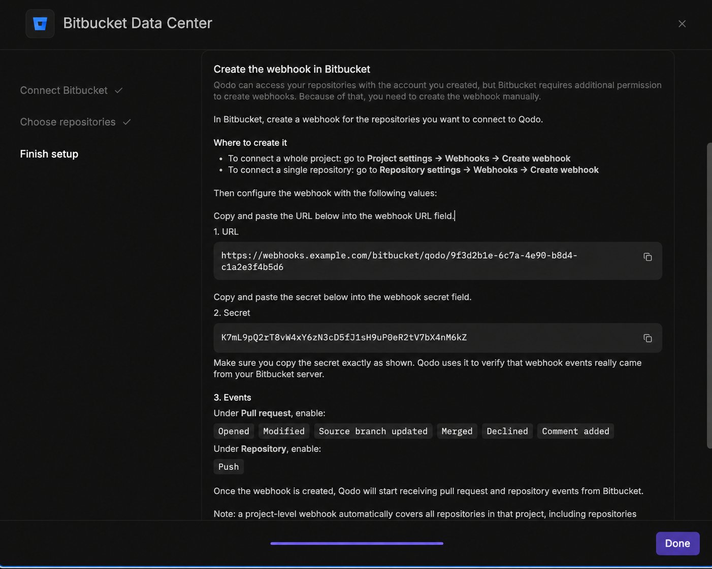 Bitbucket Data Center installation wizard showing the Finish setup step, with the webhook URL, secret, and the pull request and repository events to enable