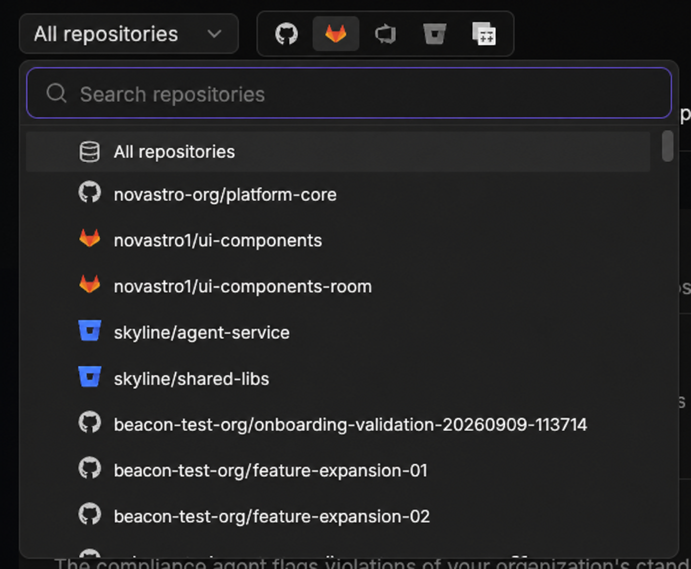 Configurations page repository selector with the All repositories dropdown expanded and the Git provider icons next to it, showing a search box and a list of connected repositories