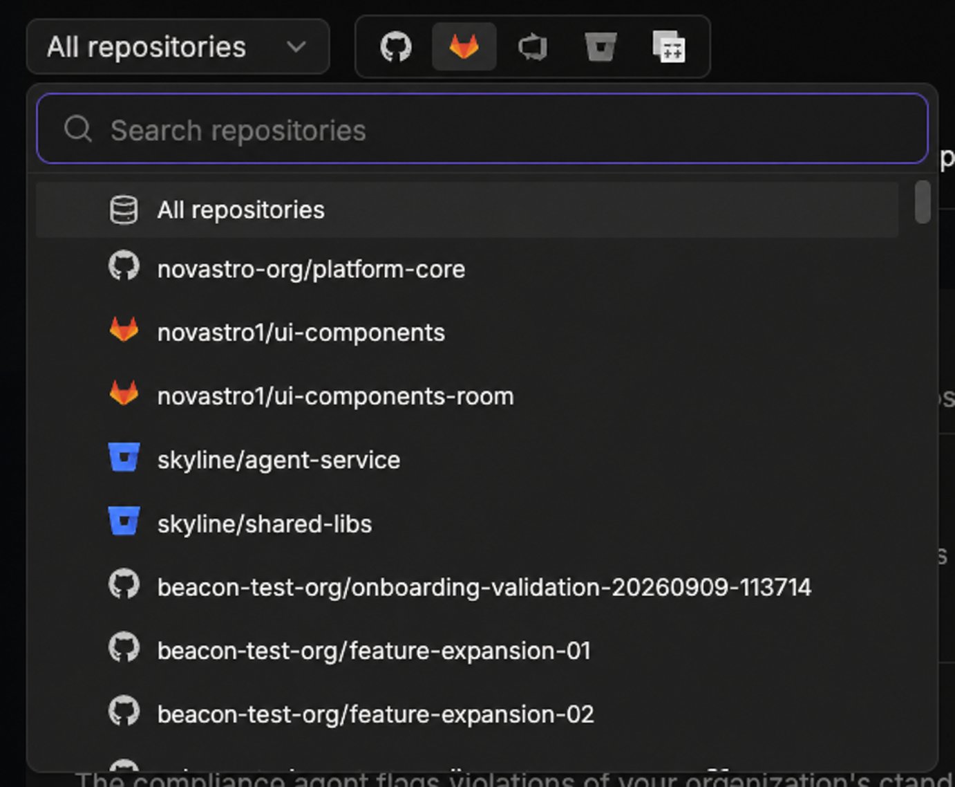 Configurations page repository selector with the All repositories dropdown expanded and the Git provider icons next to it, showing a search box and a list of connected repositories