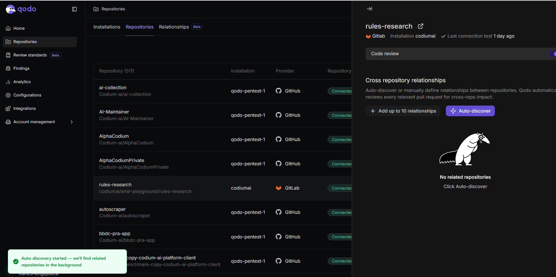 Cross repository relationships section showing the empty state with an Auto-discover button and a confirmation that auto-discovery has started
