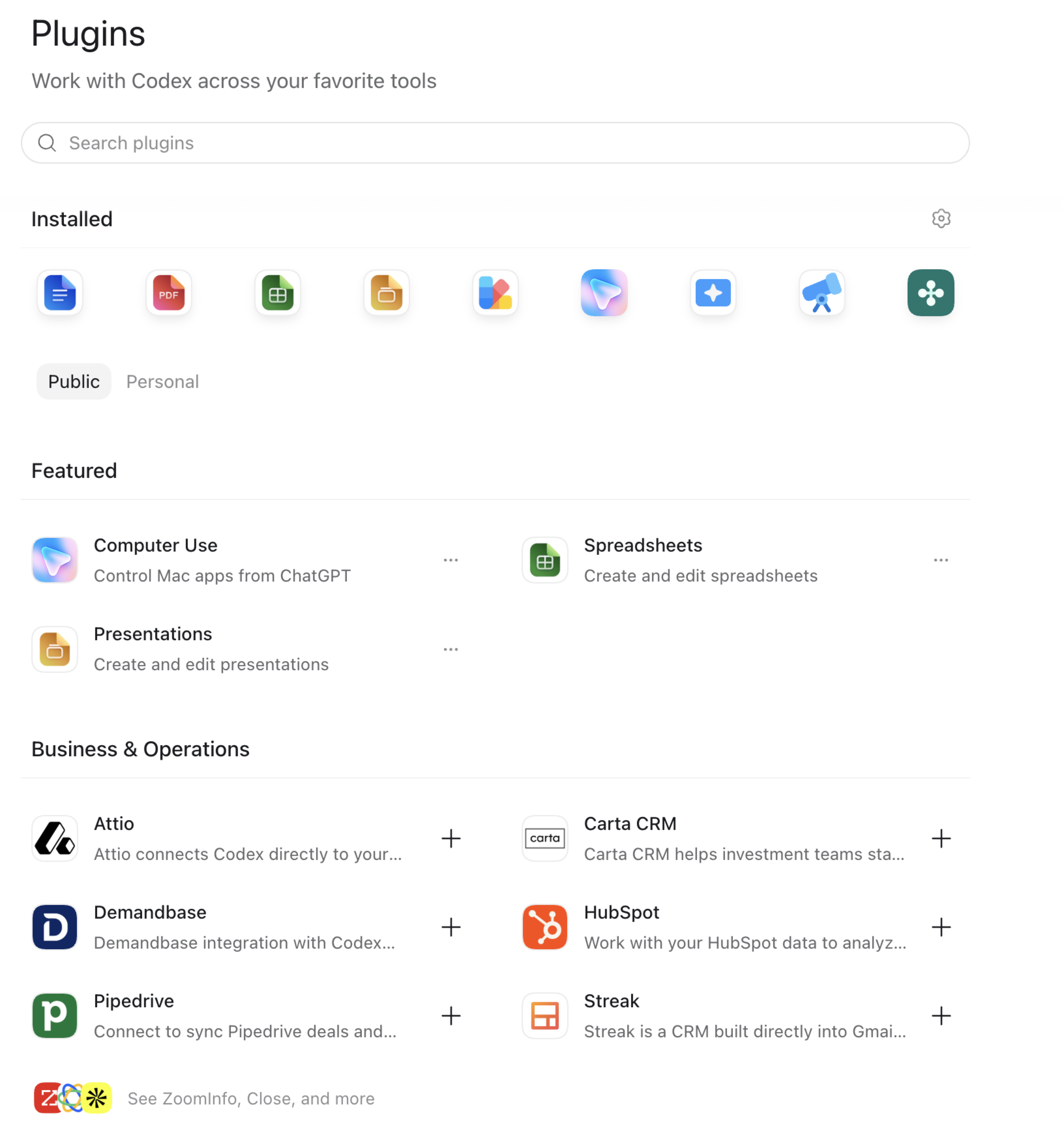 Codex main plugin page