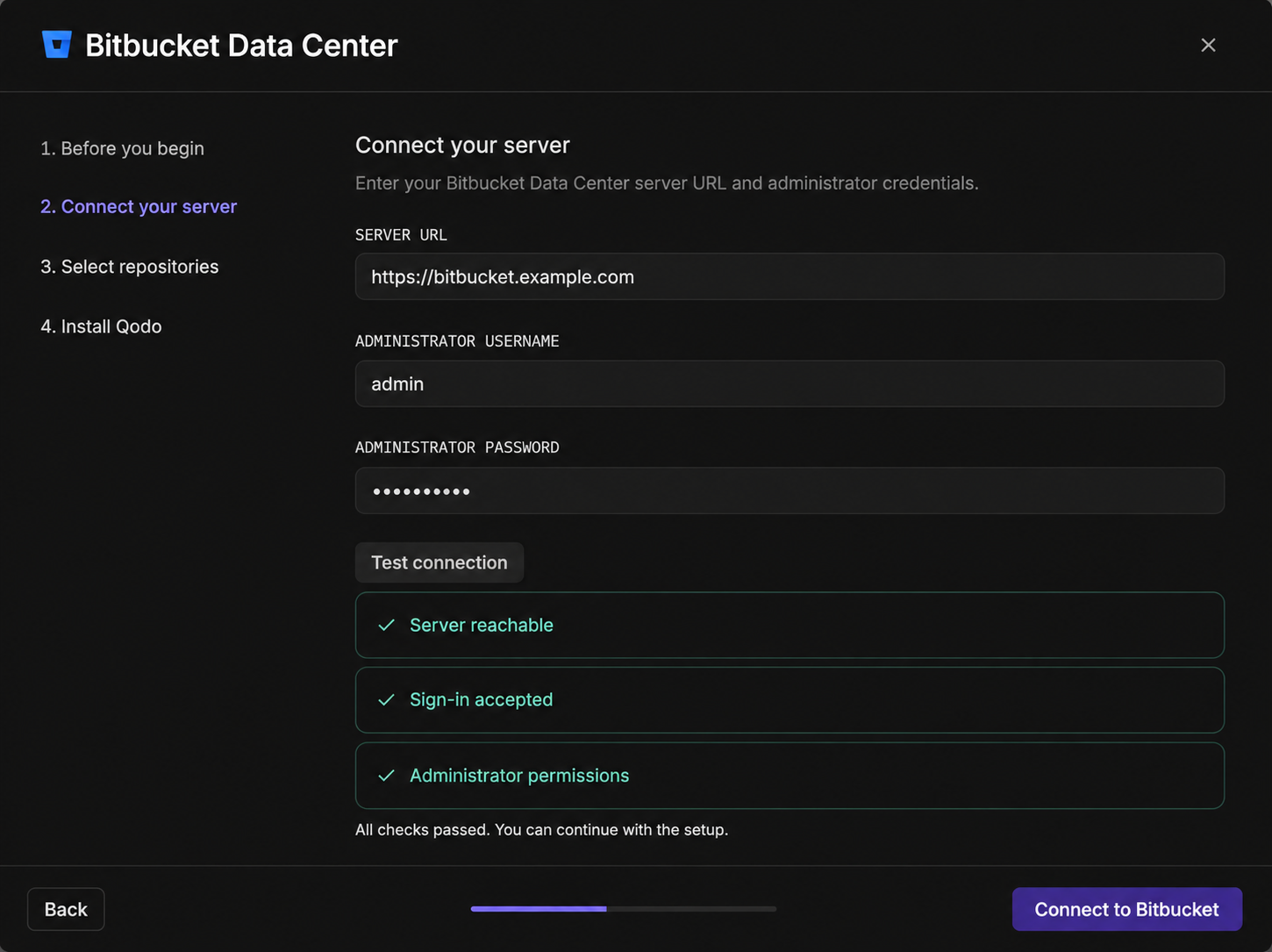 Bitbucket Data Center installation wizard showing the Connect your server step, with the server URL, administrator username and password fields filled in, and the three passed Test connection checks