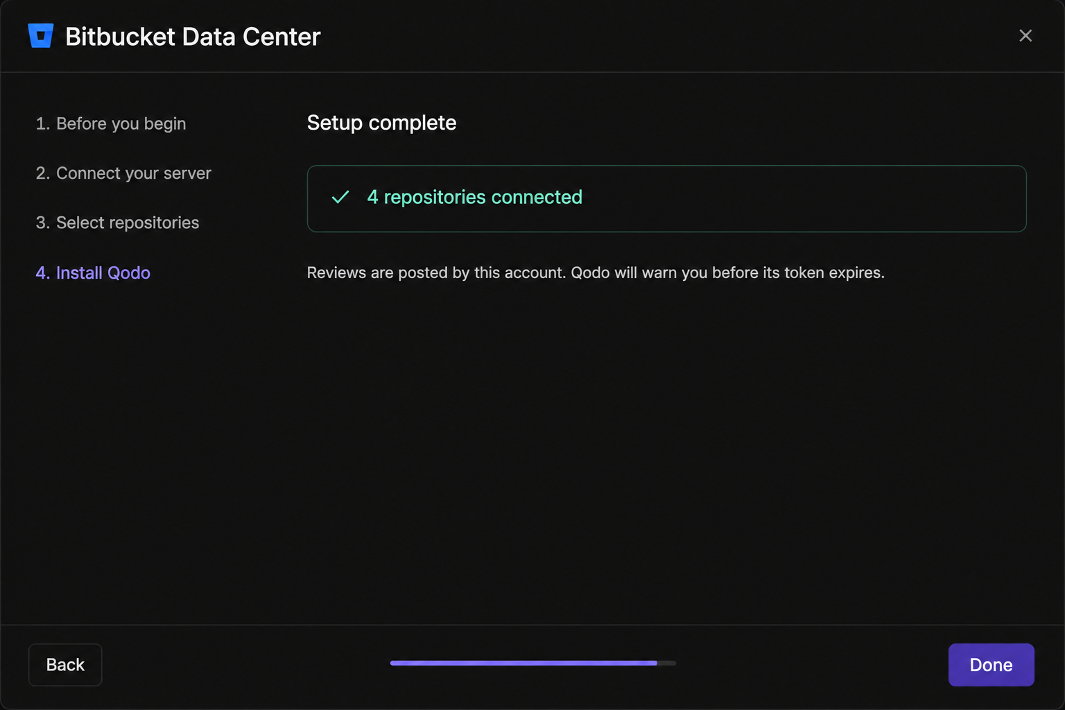 Bitbucket Data Center installation wizard showing the Setup complete step, confirming the number of repositories connected