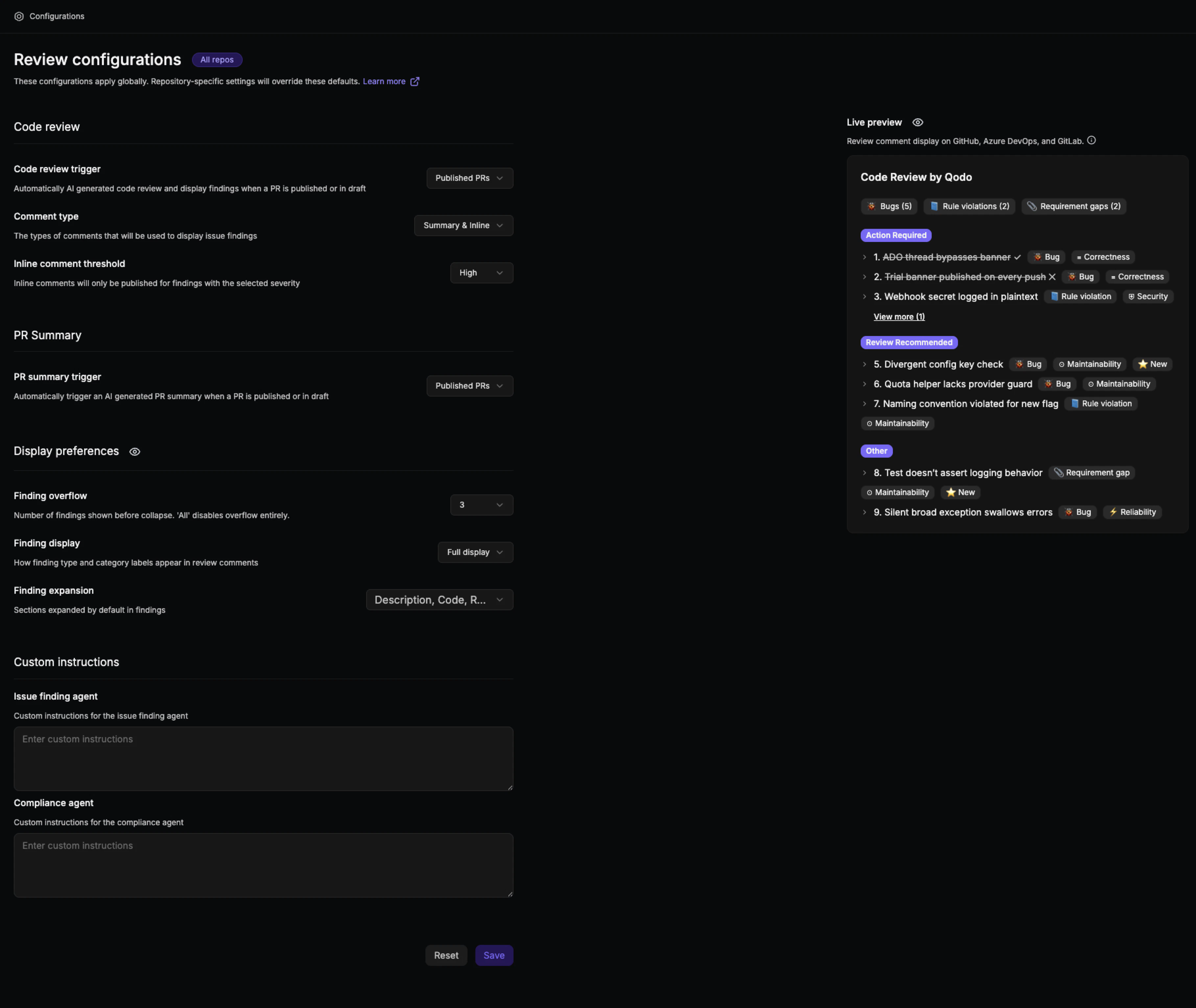 Qodo portal configuration page showing organization-wide review settings