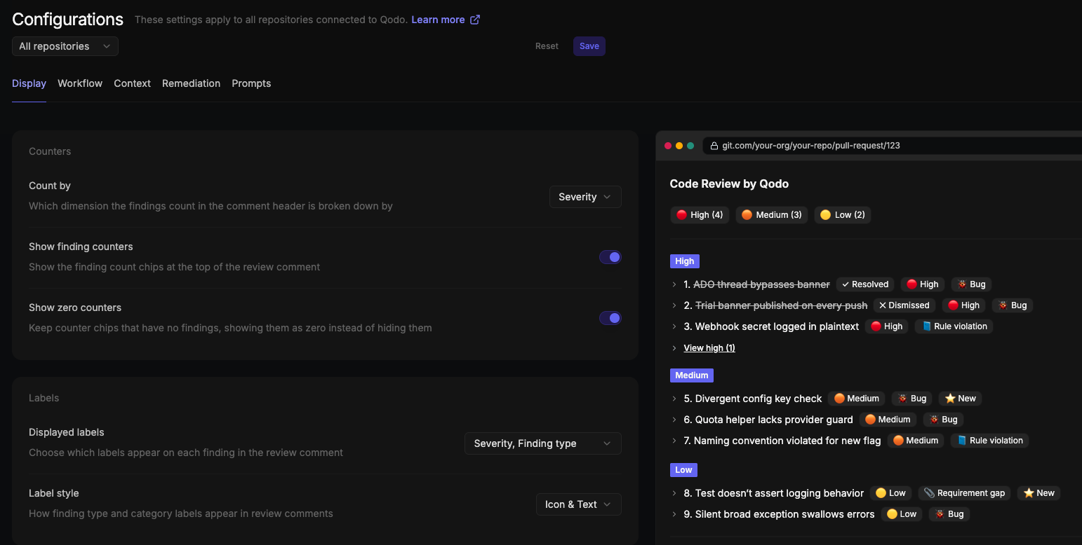 Configurations page Display tab showing Counters and Labels settings alongside a live preview of the review comment in a pull request