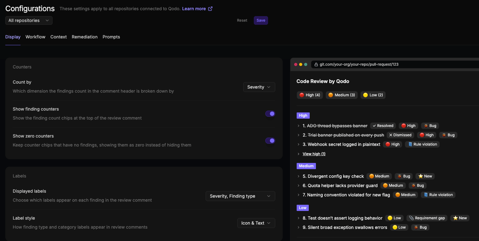 Configurations page Display tab showing Counters and Labels settings alongside a live preview of the review comment in a pull request