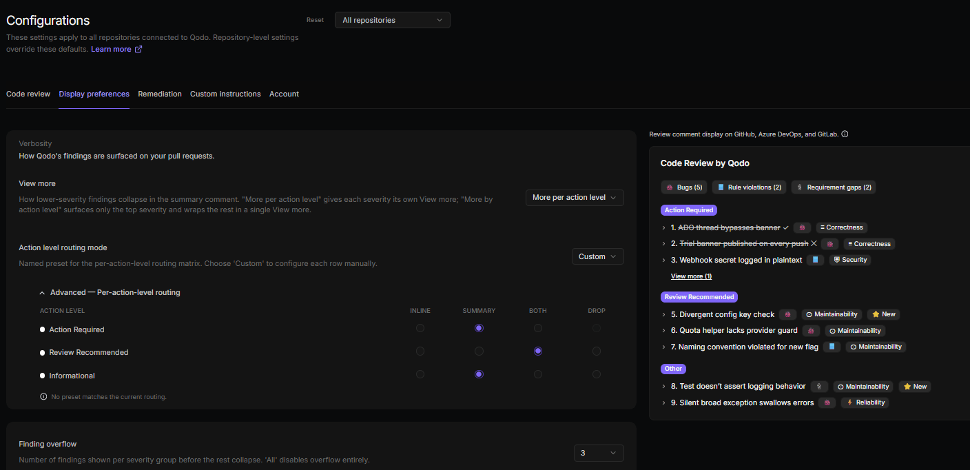 Verbosity settings on the Display preferences tab, showing the View more dropdown, Action level routing mode, and the per-action-level routing matrix next to a live preview of the review comment