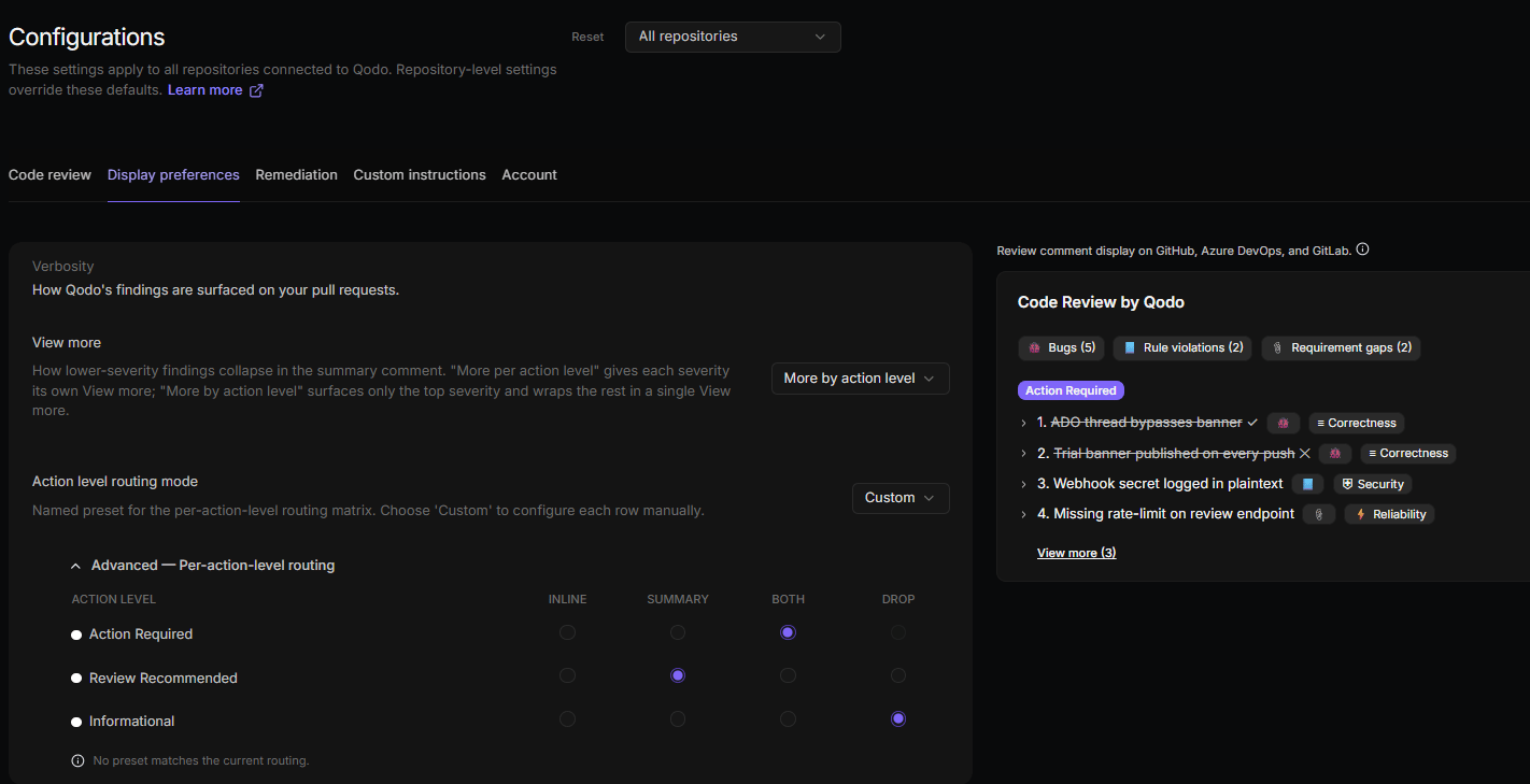 Display preferences Verbosity settings configured for low noise: View more set to More by action level and Action level routing mode set to Custom, with Action Required routed to Both, Review Recommended to Summary, and Informational to Drop, next to a live preview of the review comment