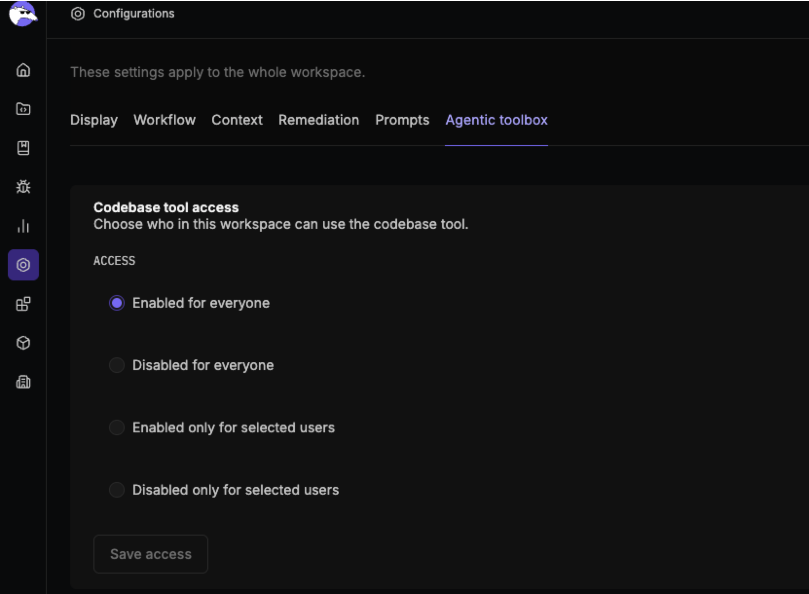 Agentic toolbox tab of the Configurations page showing the Access setting