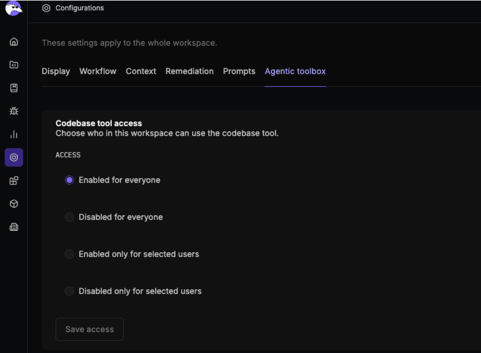 Agentic toolbox tab of the Configurations page showing the Access setting