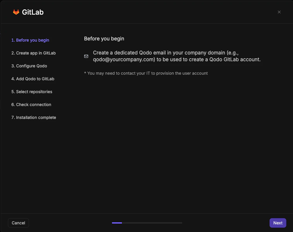 GitLab wizard step 1 showing Before you begin screen with instruction to create a dedicated Qodo email address