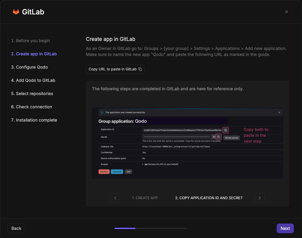 GitLab wizard step 2 showing Group application Qodo with Application ID and Secret fields highlighted to copy for next step
