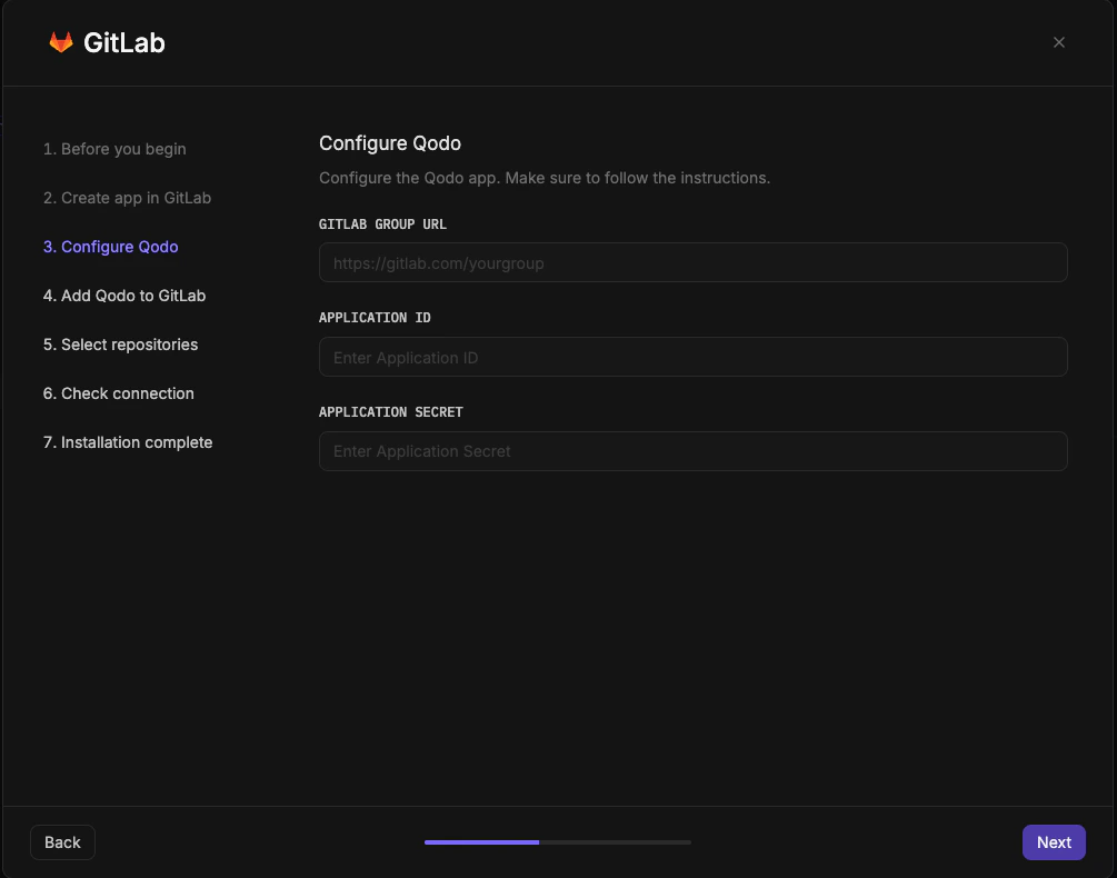 GitLab wizard step 3 showing Configure Qodo screen with GitLab Organization URL, Application ID, and Application Secret fields