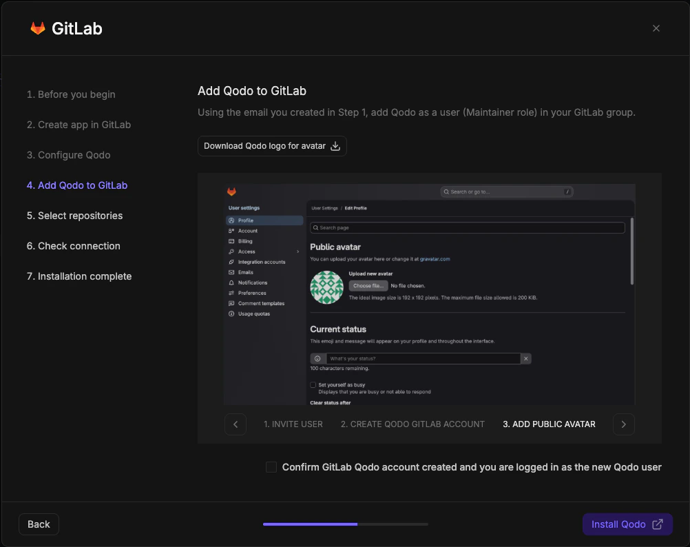 GitLab wizard step 4 showing GitLab profile settings with Public avatar upload option