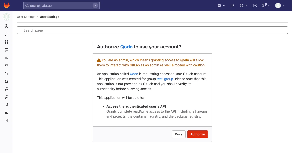 GitLab authorization page asking to authorize Qodo to use the account with Authorize and Deny buttons