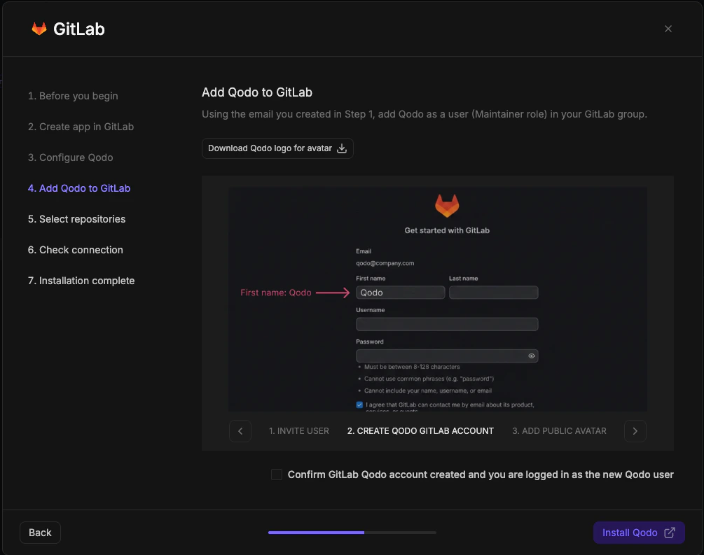 GitLab wizard step 4 showing Get started with GitLab signup form with First name set to Qodo highlighted