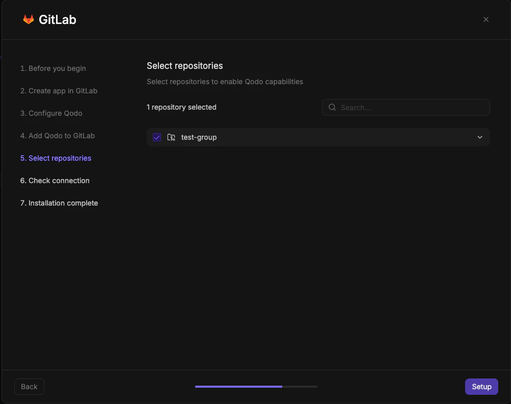 GitLab wizard step 5 showing Select repositories screen with group tree and repository checkboxes