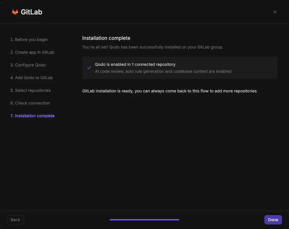 GitLab wizard step 7 showing Installation complete with connected repository count and enabled capabilities