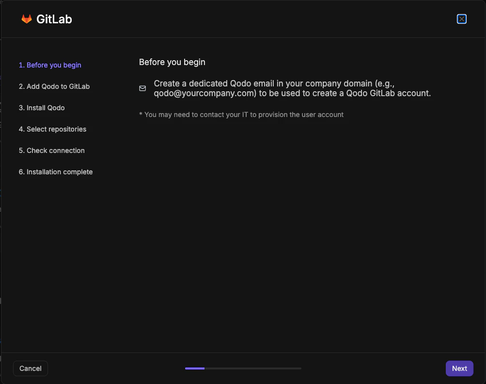 GitLab wizard step 1 showing Before you begin screen with instruction to create a dedicated Qodo email address