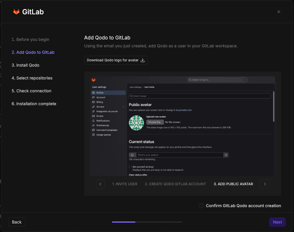 GitLab wizard step 2 showing GitLab profile settings with Public avatar upload option