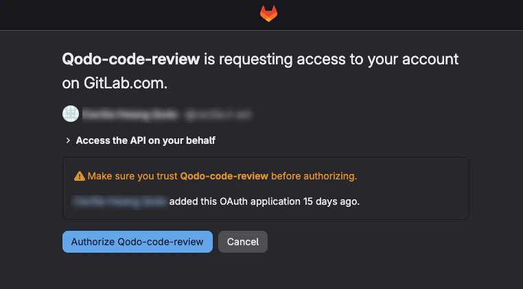 GitLab OAuth authorization dialog for Qodo-code-review requesting access to account on GitLab.com