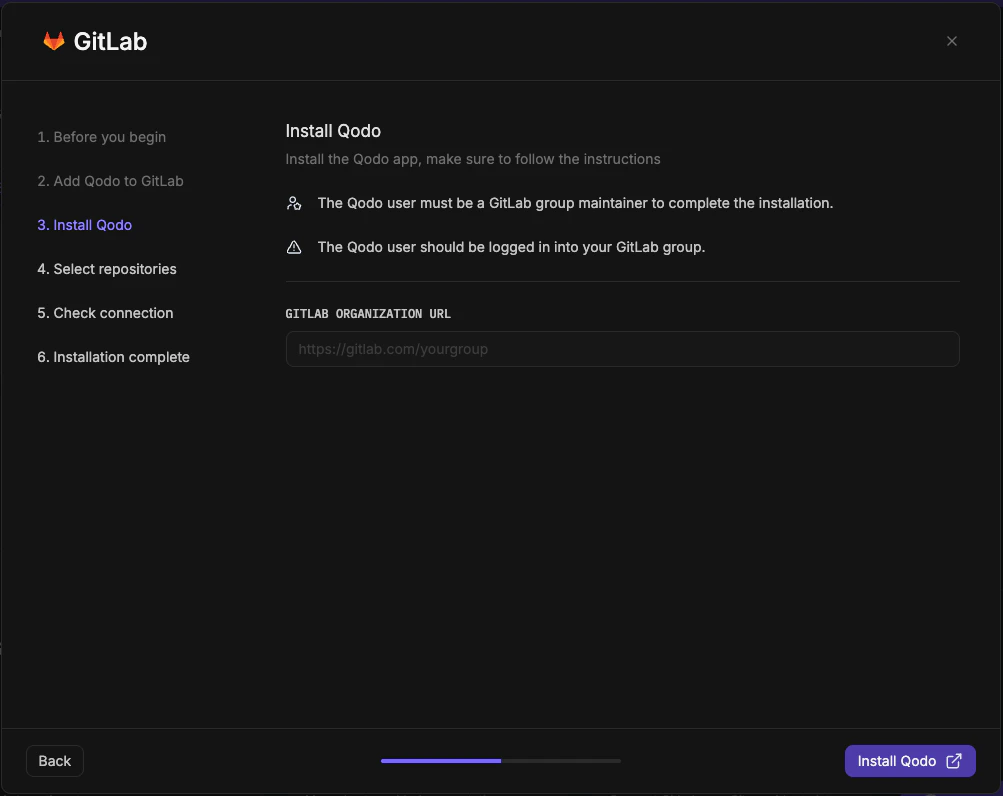 GitLab wizard step 3 showing Install Qodo screen with GitLab Organization URL field and maintainer requirement notes