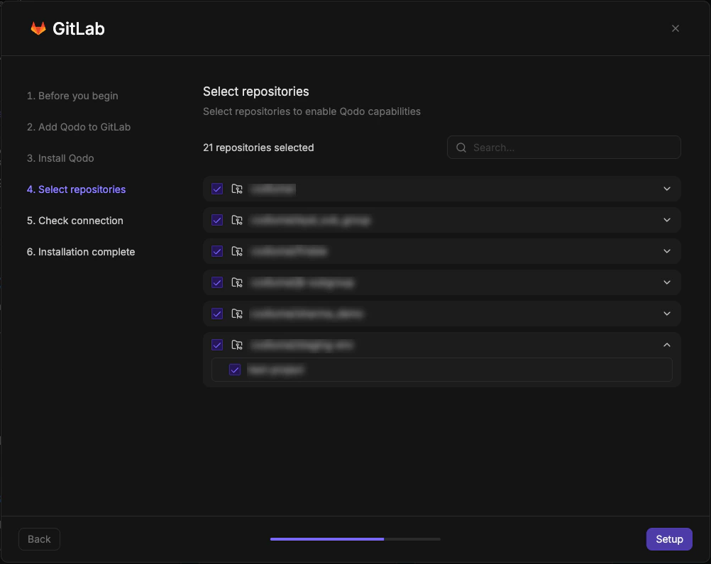 GitLab wizard step 4 showing Select repositories screen with group tree and checkboxes