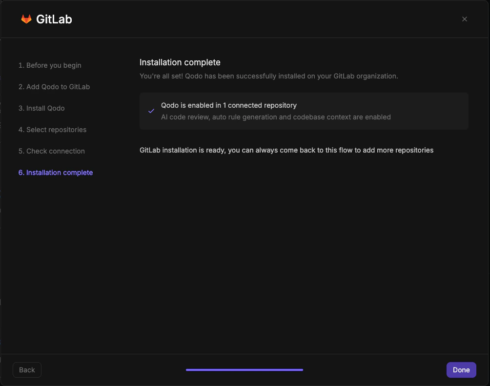 GitLab wizard step 6 showing Installation complete with connected repository count and enabled capabilities