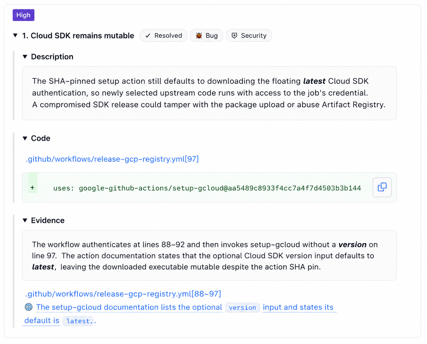 Web search results shown in a pull request finding