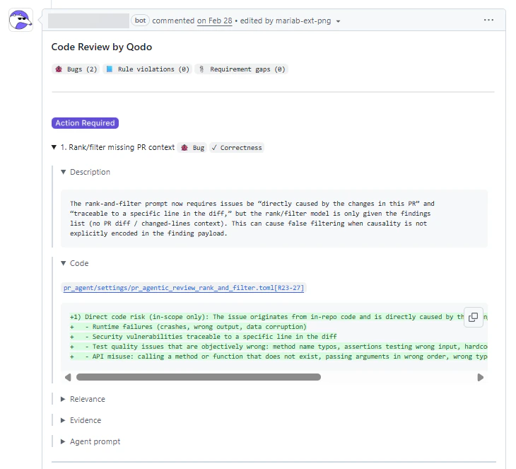 Code Review by Qodo showing findings listed in the pull request conversation tab