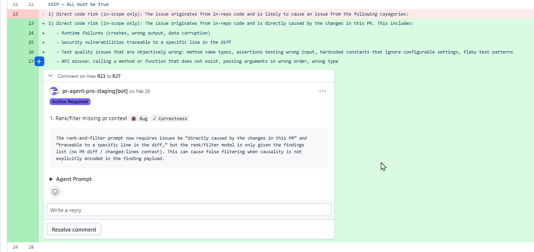 Code Review by Qodo showing a finding as an inline comment anchored to changed lines in the files tab