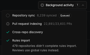 Background activity panel showing Repository sync, Pull request indexing, Cross-repo discovery, and Rules import status