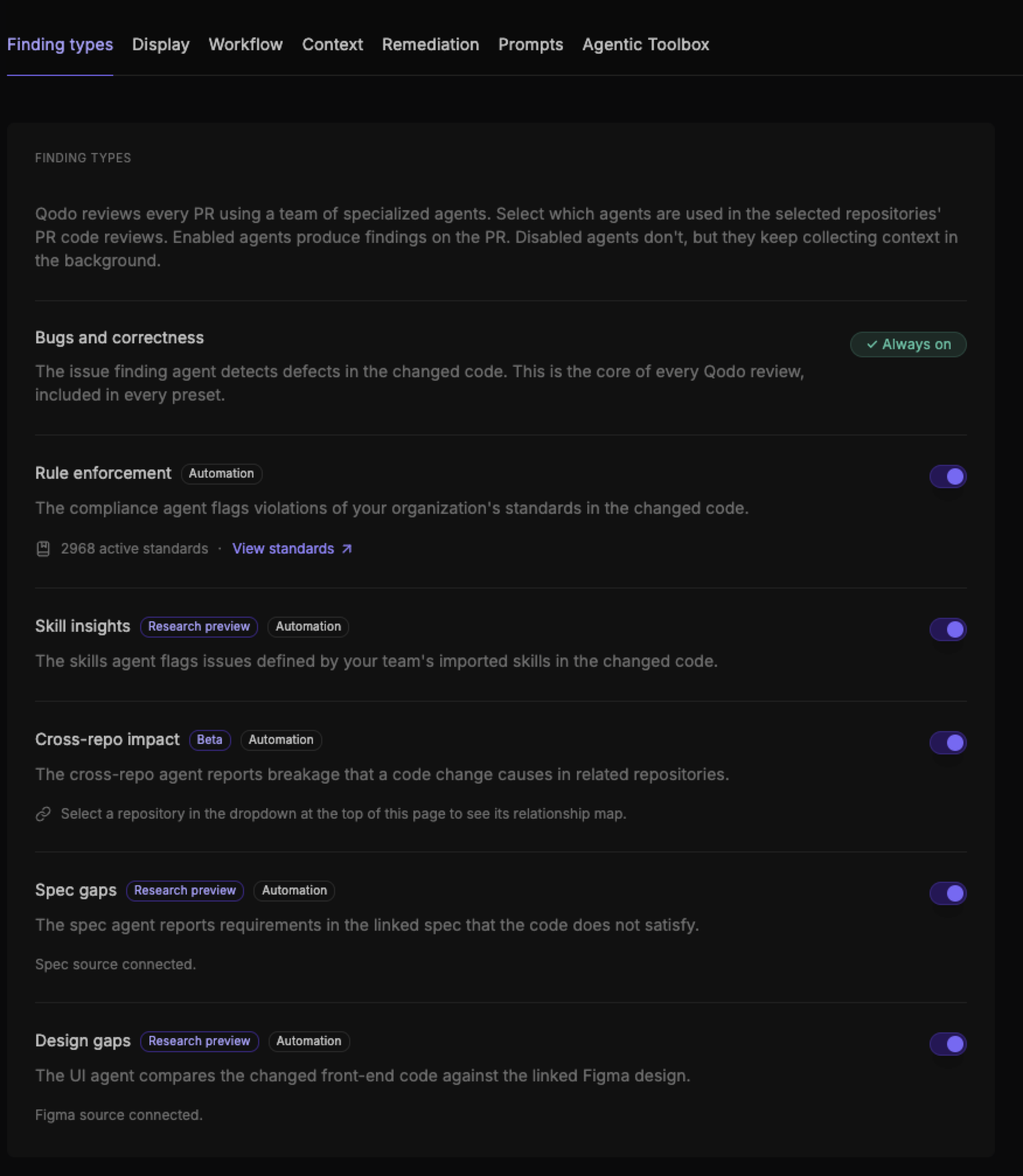 Finding types tab of the Configurations page, showing Bugs and correctness, Rule enforcement, Skill insights, Cross-repo impact, Spec gaps, and Design gaps with their toggles