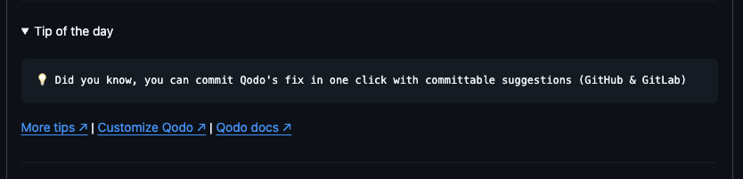 Tip of the day section in a pull request summary comment, with links to more tips, customizing Qodo, and the Qodo docs
