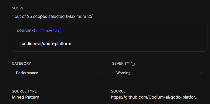 Rule details showing the Source type as Mined Pattern and a Source link to the originating pull request