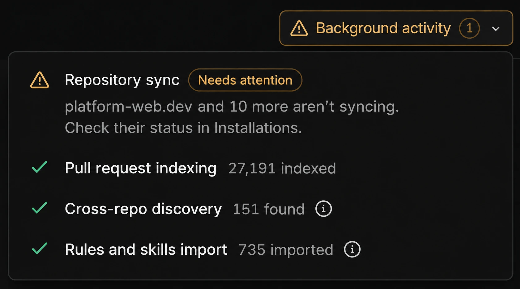 Background activity panel with a Repository sync row labeled Needs attention, and three finished rows with checkmarks and counts
