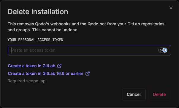 Delete installation dialog showing the personal access token field