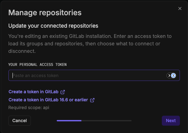 Update your connected repositories step showing the personal access token field