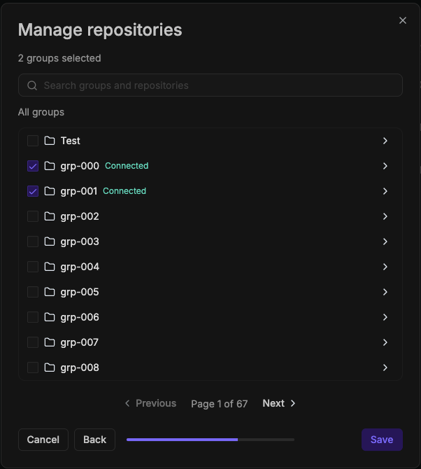 Repository selection step showing the group tree with Connected labels on already-connected repositories