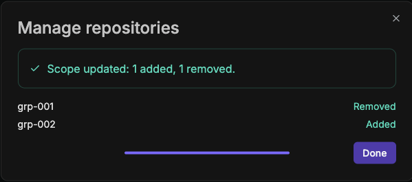 Confirmation step showing "Scope updated" with the count of repositories added and removed