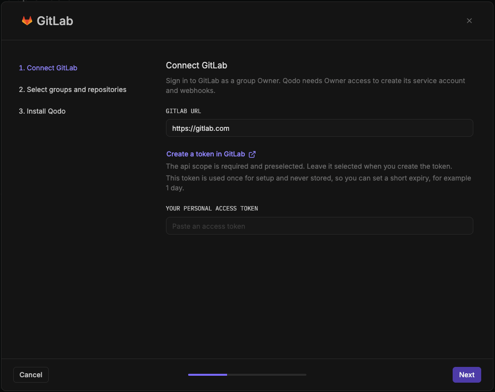GitLab wizard step 1, Connect GitLab, showing the GitLab URL and personal access token fields